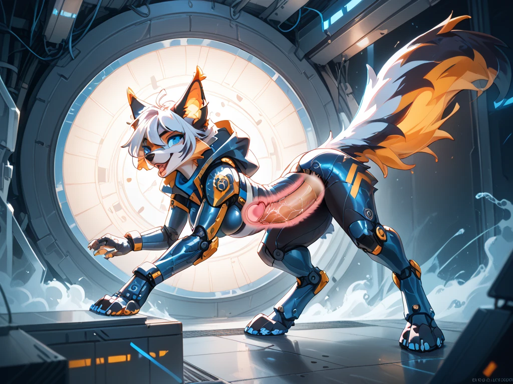 a beautiful detailed female protogen with a glowing visor, laying down in a provocative pose, (masterpiece, best quality:1.2), highly detailed, photorealistic, cinematic lighting, intricate mechanical details, exquisite anatomy, seamless integration of organic and synthetic elements, glowing energy lines, dramatic shadows, vivid colors, nsfw, butt focus, perfect pussy, big butt