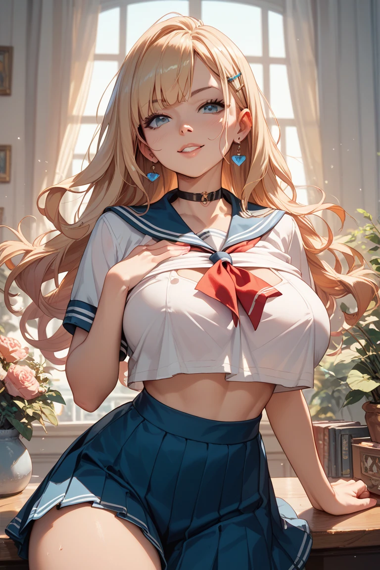 official art, masterpiece, sharp focus, (beautiful gorgeous cute Korean woman:1.3), (beautiful cute korean:1.3), korean beauty, Delicate and beautiful hair and eyes and face, realistic, ultra detailed, beautiful girl, blue sky, glow white particle, (sidelighting:1.2), slender, Lovely, very huge breasts and wide hips, massive breasts, pink blush on breasts, holding breasts panty under skirt, ((shy and aroused)), looking at viewer, scenery, long straight hair, sexy facial expression, dynamic hair, long straight hair, detailed platinum blond hair, glow blue eyes, (grey pleated skirt+unbuttoned shirt), pale skin, at school
