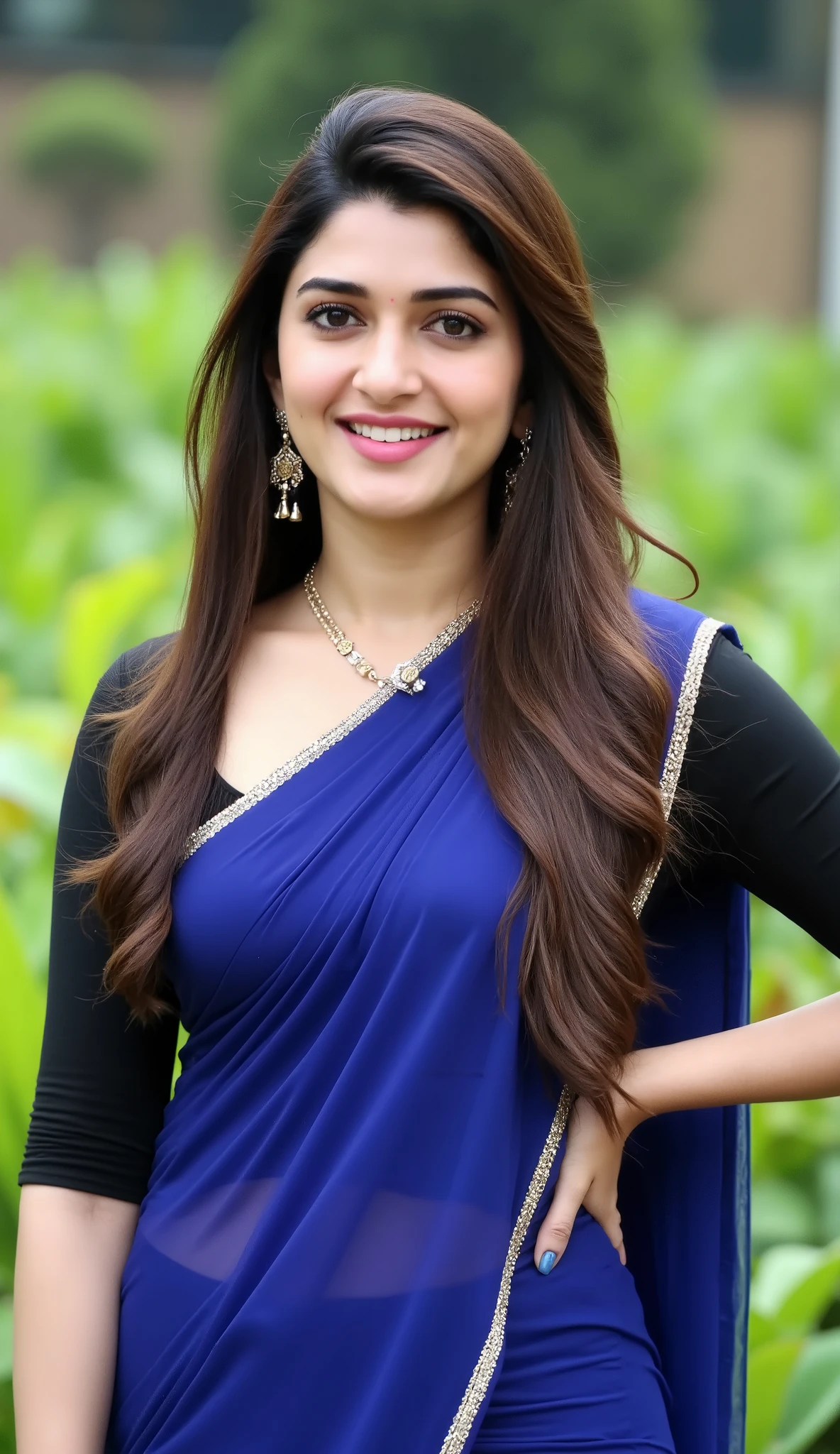 Indian Beautiful Celebrity, looking at the camera and Smiling,Big round natural Breast, Wearing Thin Royal Blue Saree,Tight Black Blouse, Wearing Necklace, earrings, Standing, Giving seductive looks, Blurred Background,Flower field.