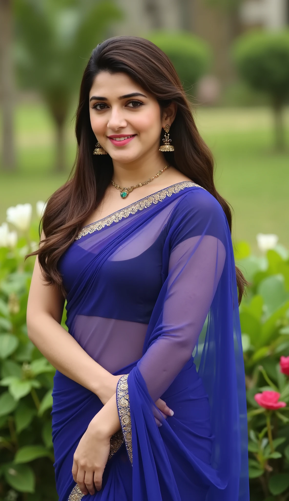 Indian Beautiful Celebrity, looking at the camera and Smiling,Big round natural Breast, Wearing Thin Royal Blue Saree,Tight Black Blouse, Wearing Necklace, earrings, Standing, Giving seductive looks, Blurred Background,Flower field.