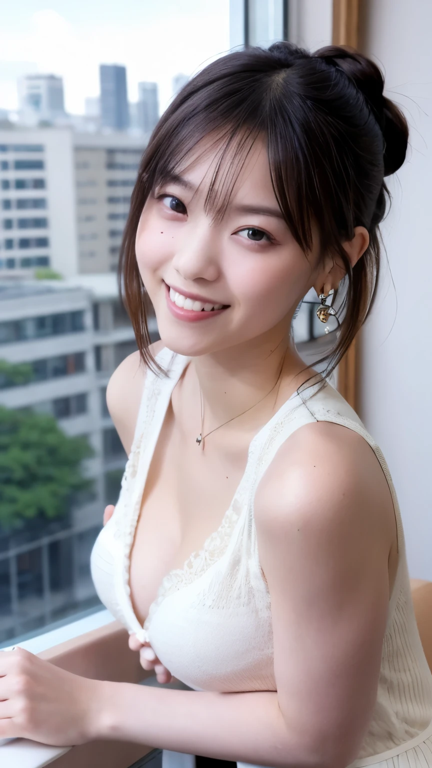 ((((detailed explanation)))),(((masterpiece、Highest quality、Very detailed:1.42、Focus on the eyes)))、Female in her late teens、Portraiture、Blurred cityscape at dusk、Silhouette of buildings and street lights Long dark brown hair、natural wavy curls、The wind is blowing softly、Hair hanging down the sides of the face、Skin is smooth、Healthy olive color、The tan lines are faintly visible、Natural redness on the cheeks、I have a few small laugh lines on my forehead...、Eyes with dark brown irises、The pupil is shining, Reflect light、Long curled eyelashes、Accentuate the eyes、Eyebrows are thin and trimmed、Natural Arch、Small Nose、straight、straight nose、lips are plump、soft pink lip gloss、Ultra-thin camisole、Barefoot and bare legs、A simple silver bracelet on her right wrist、A small diamond earring sparkles in her left ear.....、The expression is calm、Be confident、smile、(((Emphasize the contrast between light and shadow)))、Realistic textures and facial details