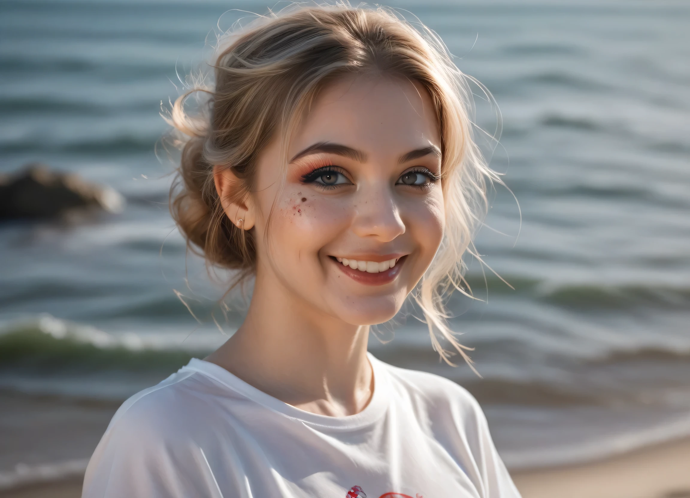 Alone blond Girl topless in the beach, Ultra-realistic portrait of an 18-year-old woman, natural lighting, soft skin texture, detailed facial features, expressive eyes, subtle makeup, casual hairstyle, wearing a simple t-shirt, slightly smiling, neutral background, high-resolution, photorealistic style.