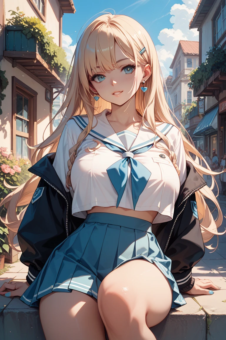 A woman with big ，Beautiful bride，Light blond long hair，Blue Eyes，clavicle，(see-through sailor suit)，sleeveless，weak，Sexy，Color，lactation，Tears，(blush)，Malu，On the Street，Show underwear，