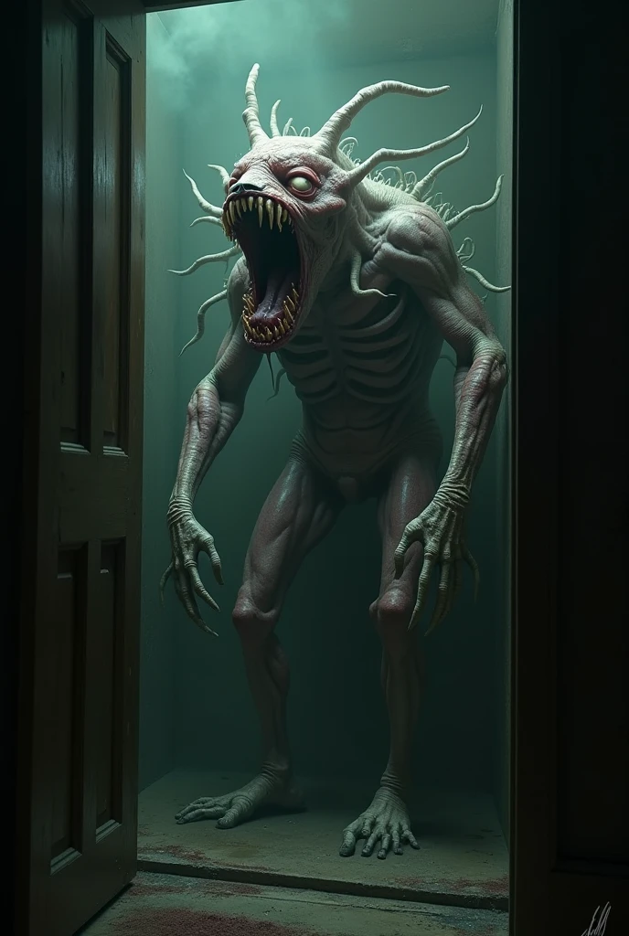 creature with long arms and a mouth that goes down to its chest, its skin is white and pale and its body is tall and medium with large claws at the tips of its fingers, its eyes are deep and marked, it is tall and is in a dark and abandoned environment where it is not possible to see him completely and in detail, he is distracted so he is not facing the camera, the camera is a little away from him and is shaky