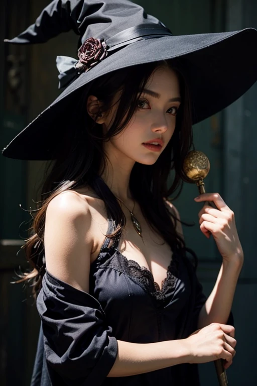 (masterpiece:),(best quality),(ultra detailed),perfect anatomy,rich in details,photorealism,highly detailed,(dutch angle: 1.2),((rich)),witch hat,necklace adorned with robe and detailed accessories,witch,beautiful female wizard,smirking,((light clothing,night dress)),((pose for photo)),upper body,BREAK // background is a beautifully detailed and decorated old castle,black shadow castle on a cliff,((starry sky)),natural light,crescent moon night,front lighting,lantern light source,(blurry background,depth of field: 1.4),medieval fantasy,OuterWorldAI,delicate colors,illustration,bright colors,beautiful,large breasts,exposed breasts,semi-nude,cleavage,exposed skin,seductive pose