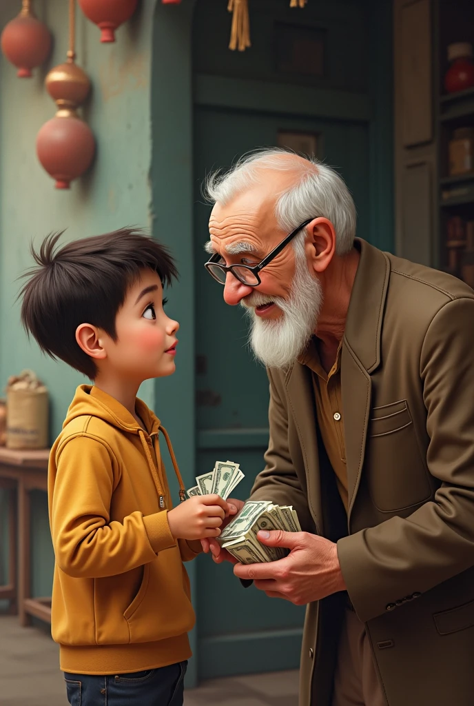 Draw me a picture , chubby boy holding money for old lady on the street
