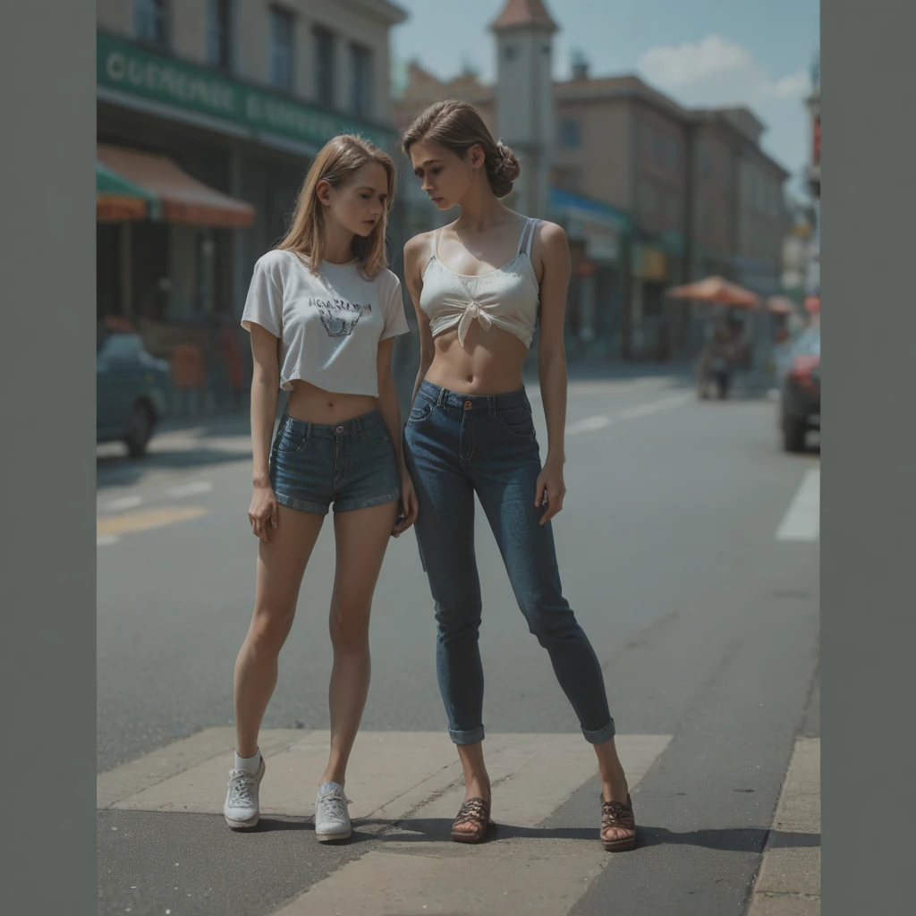 (whole body), short hair, Gorgeous, slender girl, (Slim and slender), western, (bloomed white shirt, very low cut shirt), (gray denim courts), (low-rise denim sneakers). visible hips and groin. thin legs. thigh gap. hot girl, To take a walk through the city, (Masterpiece), Best Quality, high resolution, extremely detailed, blurred background, depth of field, cinema lighting,