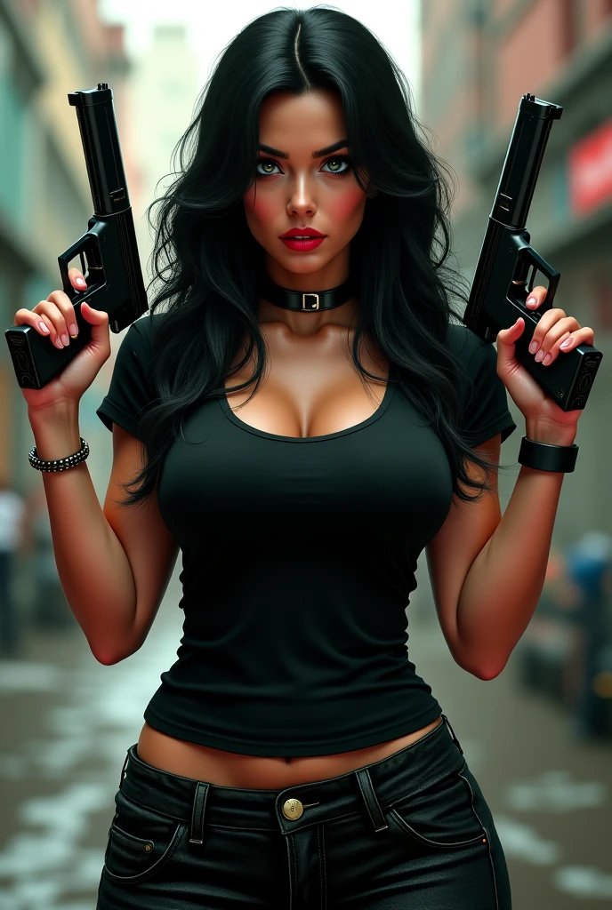 The concept of a beautiful yakuza woman with a sexy tattoo in a white bikini holding 2 Uzi guns and posing on a luxurious chair with scattered dollar bills, there is the name Ridwangrapher