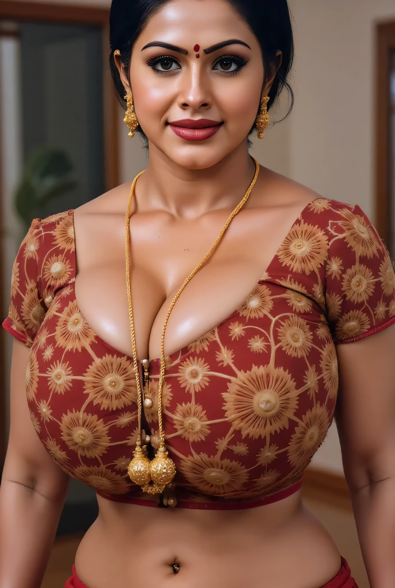 full body, saree, long legs, deep cleavage, body jewellery, belly chain, nose ring, earrings, oiled body, detailed face, elaborate jewelry, intricate saree details,