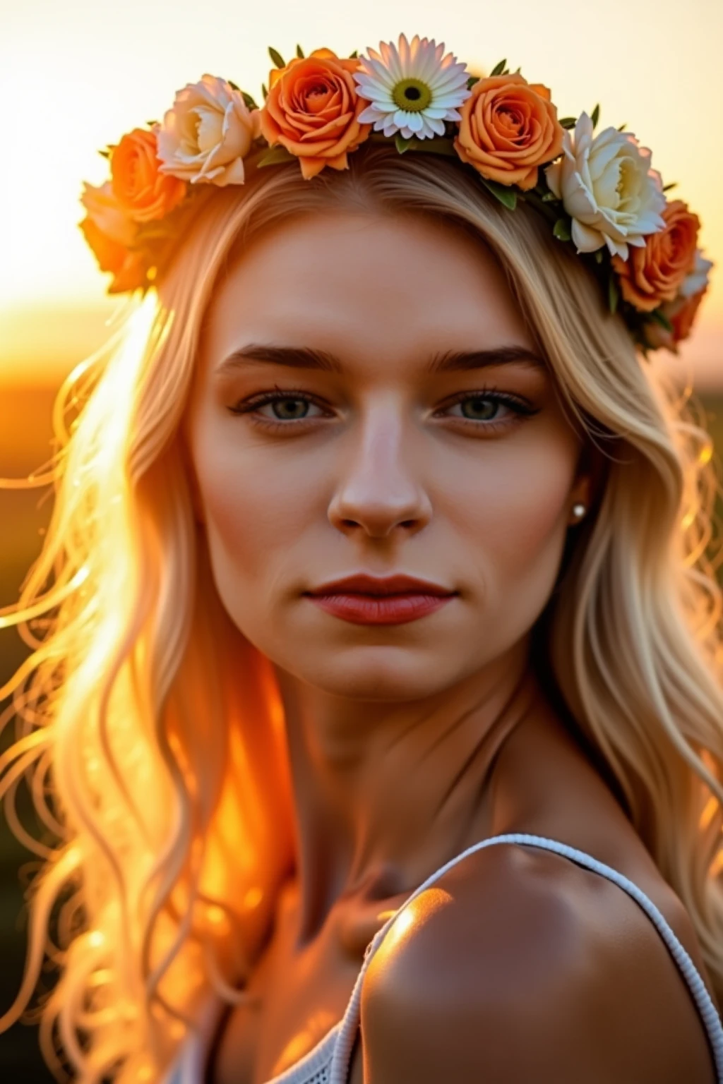 An ultra detailed, a young woman in a field, red dress, wearing flowers crown, ultrarealistic sweet, hyper realistic, realism, digital art, solar, sunlight, sunlit, cinematic, perfect contrast, high sharpness, depth of field, ultra detailed photography, global illumination, smooth, ultra high definition, 8k, ultra sharp focus, award winning photograph, big breasts, purple and white flowers field