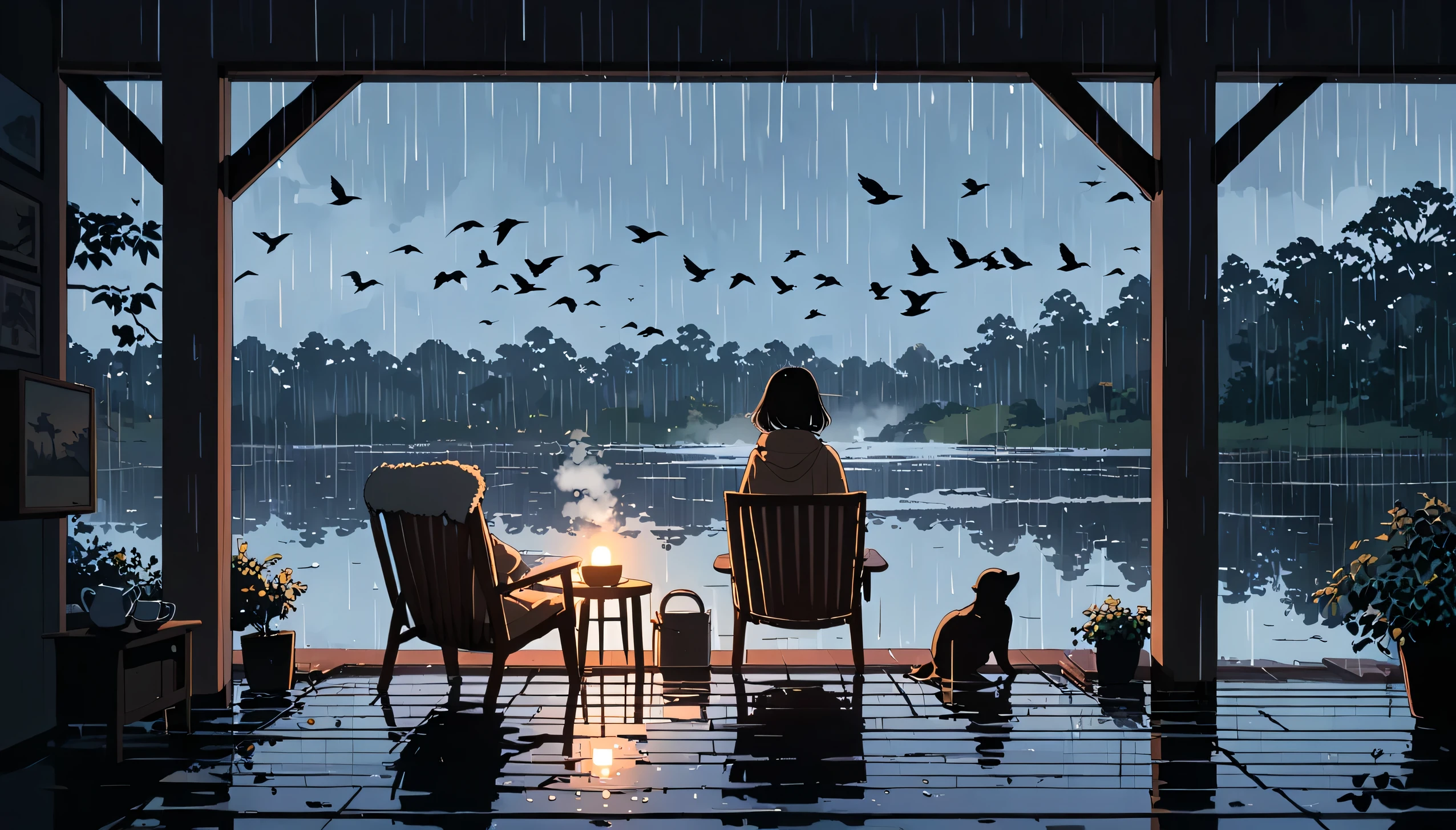  (masterpiece, Best Quality, very detailed), ((16k, high resolution)), dynamic angle, (shadow minimalism:1.3), ((silhouette girl:1.3) taking a seat on the center of beautiful lake:1.2),(many birds:1.3), ((anime:1.4,shape)), (((Rainy Day, Comfortable chair, cup of coffee with steam, indirect lighting creates a calm atmosphere))), ((cozy lofi shape:1.4)), ((anime:1.4, shape)),(masterpiece, Best Quality, Best Quality), (very detailed, absolute solution),((16k, high resolution)) BREAK {Lofi Art,  Laurie Griesley's style , Makoto Shinkai's style, anime aesthetic}, BREAK {(with detailed textures like films shot with Sony SLR cameras,Generates images with over 10 million pixels of information)}