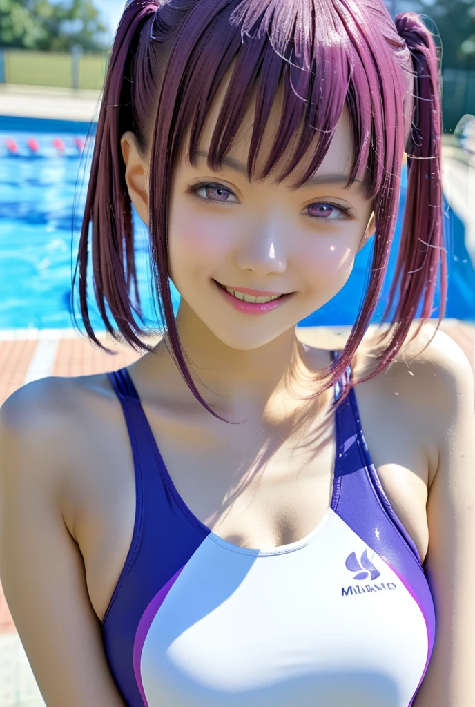 (8K, top-quality, masterpiece:1,2), (reallistic, Phot is orealsitic:1.37), Super Detail, One girl,), (Highly detailed), (beautifully detailed eyes), (of the highest quality), (super detailed ), (masterpiece), (Detailed face),20yr old, ,1 girl, full body, pink hair,Very short hair, medium breasts, clothed, Perfect Lighting, breast focus, looking at viewer, aroused face, naughty face, Old Style School Swimwear, (Navy blue school swimsuit:1.6),From below,((from the front side)),((Concrete background)), ((school swimsuit, navy blue competitive swimsuit)), sitting on the floor grasping one's knees, Poolside,