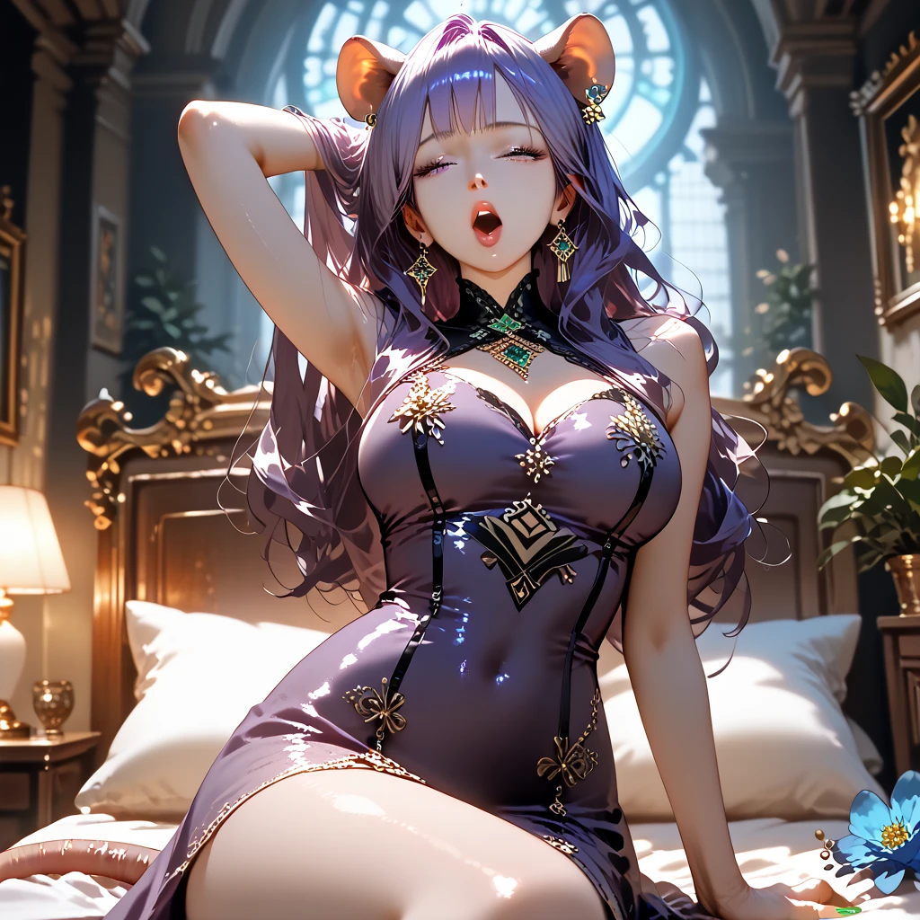 Highest quality、Misaka Mikoto、Yarimambich、bad behavior、bad、(Fornication Aunt:1.3)、It looks scary、evil grin、Purple Eyes、Mole on chest、Leopard print、High neck、No sleeve、Shoulder Bare、The vertical sweater that kills virginity、(Sweater with open chest:1.3)、Arms at the sides、hair over one eye、Purple Hair、Long Hair、Long eyelashes、eye shadow、Long, sharp eyes、Earrings、(((G-Cup)))、(((Big Tits:1.8)))、((Alluring cleavage))、Thighs、Beautiful feet、clavicle、Waistline、steam、Sweatdrops、Wet、Moist、Steamy、Sweet and lewd atmosphere、An apartment room、Sex room、night、Provocatively Seduce、Slid、Decoration、((Panty shot))、pleasure、Pleasure、Climax、Female face、Masturbation、Female hole