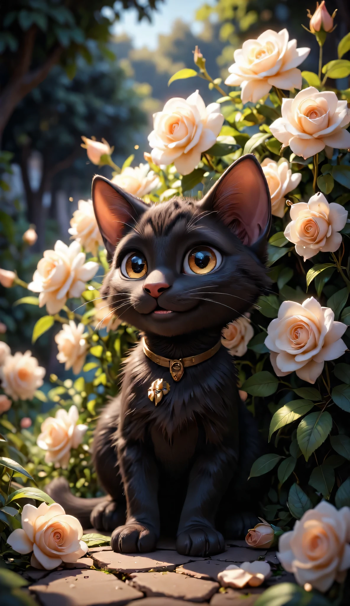 3D character, cute happy black kitten, sitting on the ground beside a bush of white roses, Inside a rose garden, masterpiece, Background Blur.