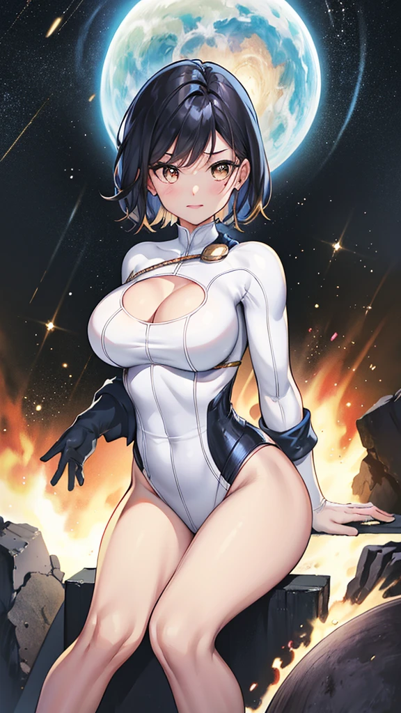 (a closeup、16 K、top-quality、high detailing、rich skin detail、nffsw)、(NSFW)、Watch everywhere、obedience、a matural female、:D、Surprised、Wavy mouth、((very Bigger breasts))、Parted bangs、((Blue and white leotard))、Blue crystal、White Gloves、White knee socks、Blue Boots、brown haired、Brown-eyed、(short-hair)、(Forehead)、blushed、(((big butts)))、(thick thighs)、Armpit、Cowboy Shot、cosmic space、((Jumping))