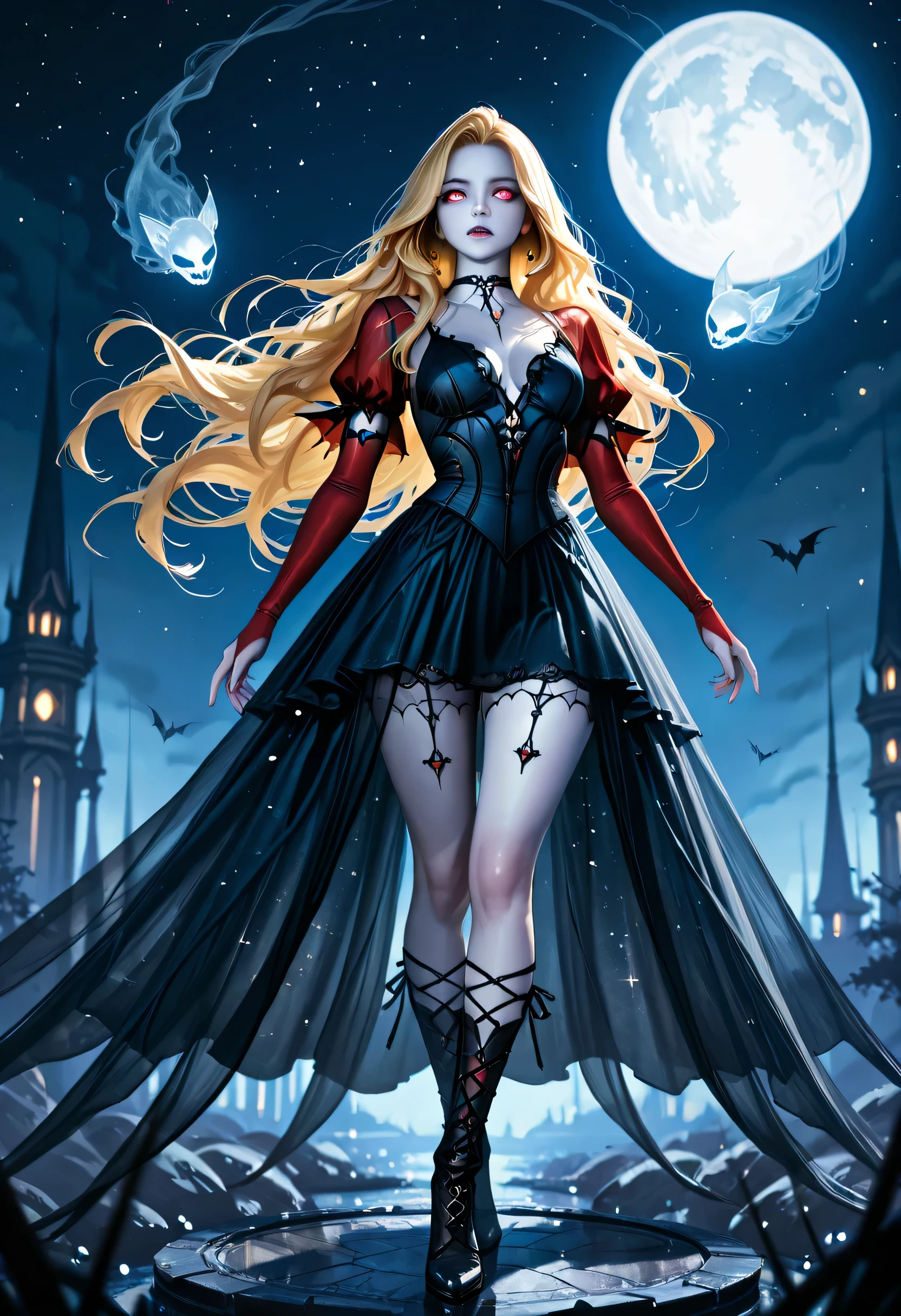a full body shot picture of an epic beautiful female vampire, ghostly beauty, wearing transluminescent dress, black silk dress, intricate dress, transluminescent dress, transparent dress, red sleeves, epic beautiful female vampire, pale skin perfect body, ghostly beauty, serene beauty, blond hair, lush hair, long hair, blue glowing eyes, vampire fangs, stars entwined in the woman's hair, light caress the woman, moon light caress the dress, fantasy art, night time, the moon rises, creating award winning, photorealism, depth of field, hyper realistic, fantasy, Cinematic Shot, LOAsuccXL, short skirt, lace up stilettos, string choker, elbow gloves