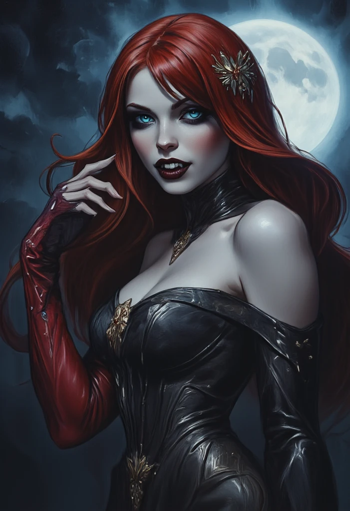 (portrait shot, ((vivid red hair)), european face, sexy, mature woman, 30 years old, diamond face, moonlight, red starry sky background, depth of field, magic, big red lips, ((dark black eyes)) black and red long and full dress, covered chest, mystical atmosphere, ominous shadows, Intense blue aura, Intense red aura (best quality:1.2), absurdres, intricate details, (highly detailed skin:1.2), smile expression, posing, taut and well defined body, attractive. Highly realistic, pale skin, beautiful, hyperrealism, skin very elaborated, direct gaze