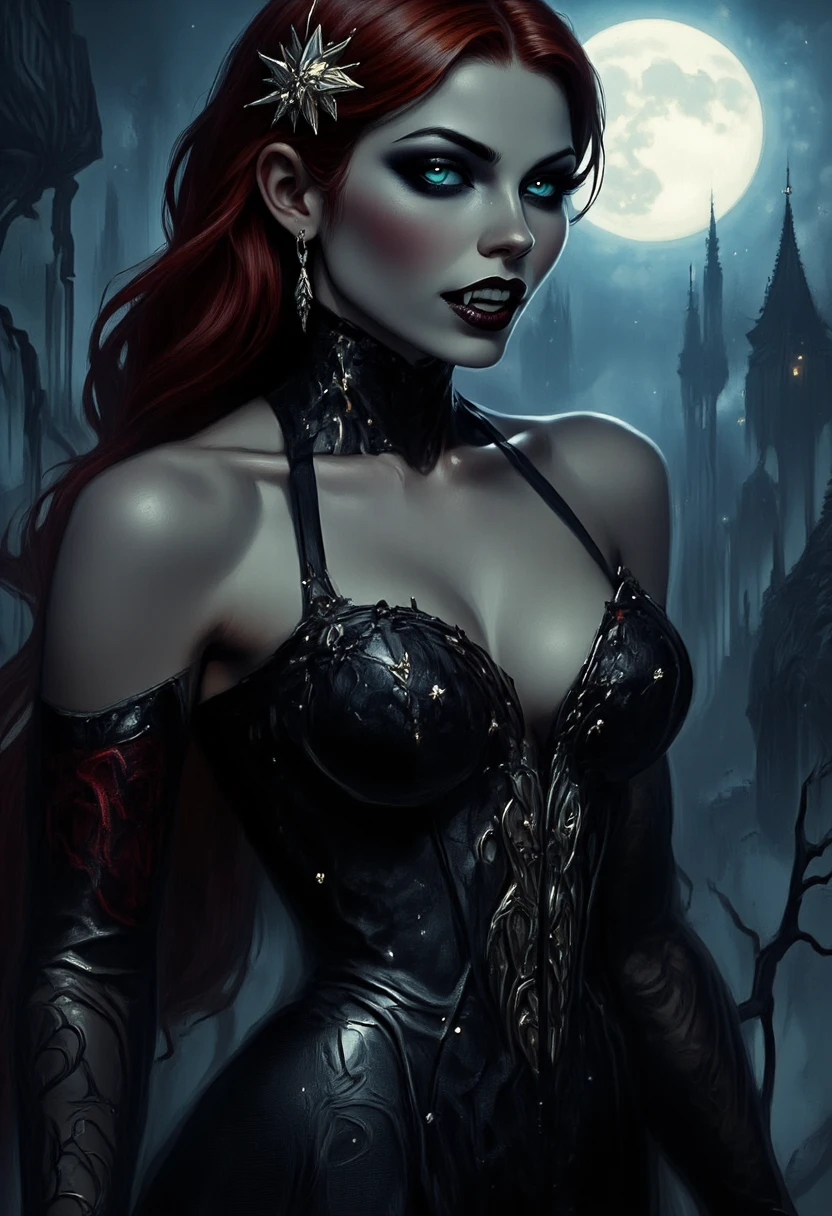 Fantasy Female Necromancer with pale skin and short red hair , dark mascara, heavy makeup, skulls