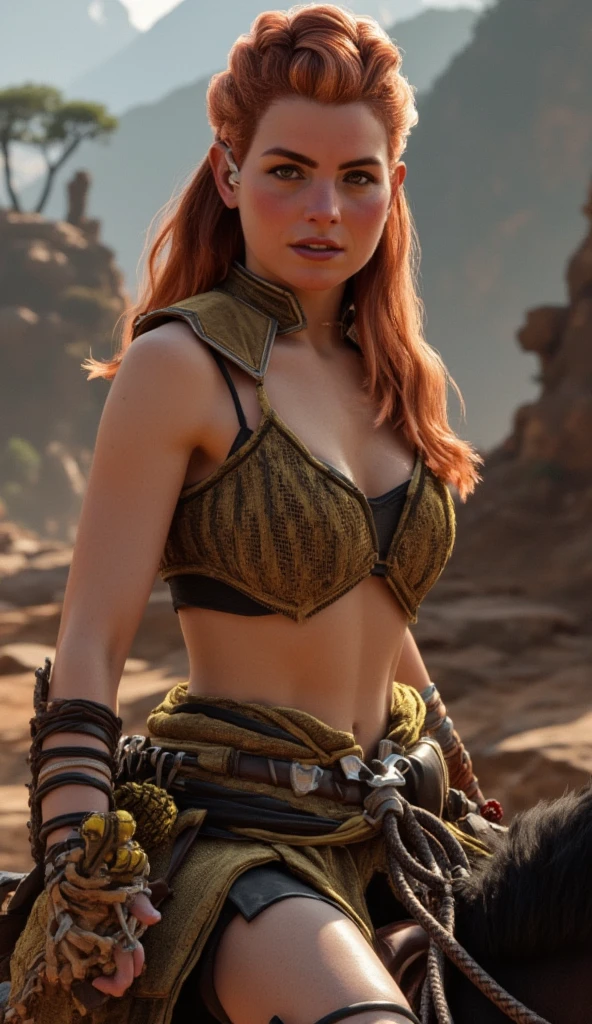 Masterpiece, 16K, hyper realistic photography, close-up photo, Best Quality, (super detailed), (Exotic Sexy Serious Emma Stone as Horizon's Aloy), hunting, realistic skin, lighting soft, facing viewer, show breast, wet vagina, Wild West, bokeh