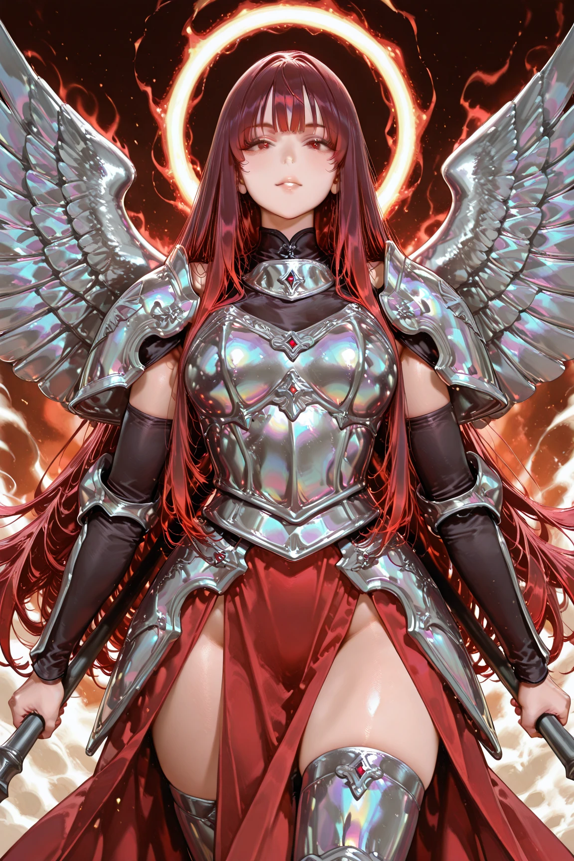 16k, ultra detailed, masterpiece, best quality, (extremely detailed), arafed, dnd art, panoramic view, full body, aasimar, female, (Masterpieceת intense details:1.3), female, sorceress, casting flaming spell(Masterpieceת intense details:1.3) large feathered wings,(azure: 1.3) angelic wings spread (Masterpieceת intense details:1.3), fantasy magical heaven background (Masterpieceת intense details:1.3), moon, stars, clouds, wearing white armor (Masterpieceת intense details:1.3), high heeled boots (Masterpieceת intense details:1.3), armed with staff, (red hair: 1.4), (green eyes: 1.4), intense eyes, ultra feminine, ultra detailed face, (Masterpieceת intense details:1.5), (anatomically correct: 1.5), determined face, divine light, cinematic lighting, soft light, silhouette, photorealism, panoramic view ((Masterpieceת intense details:1.3) , Wide-Angle, Ultra-Wide Angle, 16k, highres, best quality, faize, 3D rendering