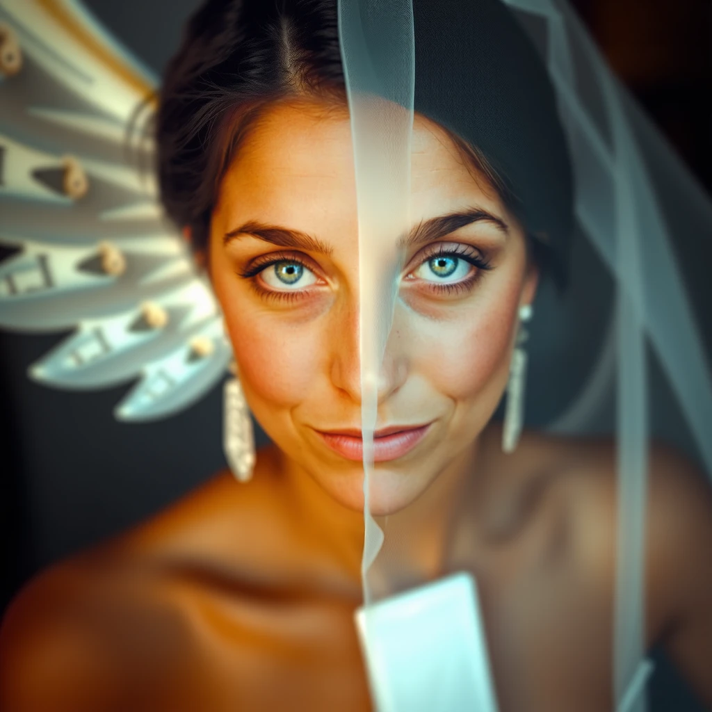 an image of a striking woman depicting two contrasting sides:
Left Side: An angelic girl, radiantly beautiful with icy blue eyes, adorned with delicate jewelry. Her ethereal appearance is complemented by translucent, shimmering wings.
Right Side: The same woman, but transformed into a vibrant, empowered figure in her 40s. She exudes freedom with clear honey-colored eyes, a radiant gaze, and an active, joyful demeanor. She wears a corset that accentuates her confident,  posture.

The entire figure is enveloped in a translucent, luminous veil, blending both personas seamlessly to illustrate 'Beyond the Veil.'
