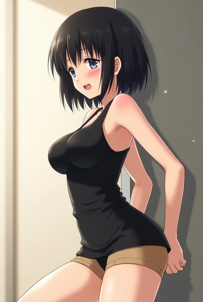 Japan,3D Woman,big eyes,black hair,Short shoulder-length hair,thin waist,HD,Fitted sleeveless camisole,G cup breasts,European and American butt,street,sitting,Calf,plump thighs,fair skin,toe,Short skirt,Show cleavage,Show your armpits,Show your ears