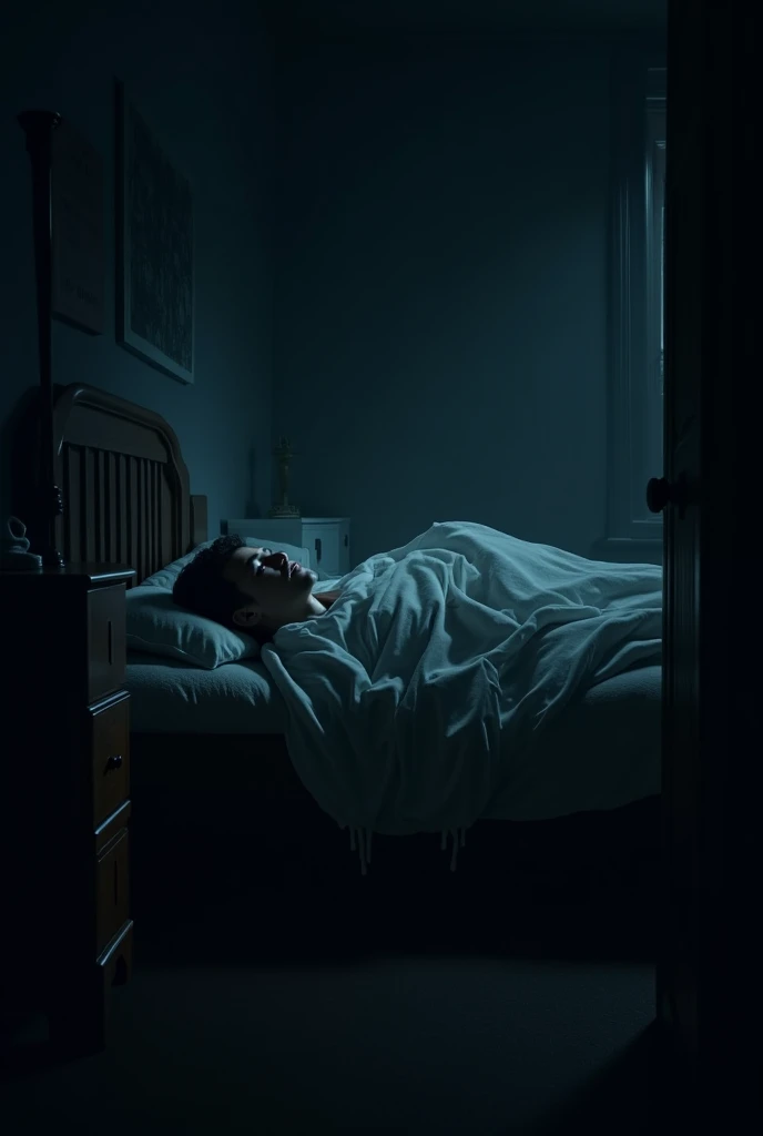image of a person being awakened, startled awake in the middle of the night by a noise outside the window.