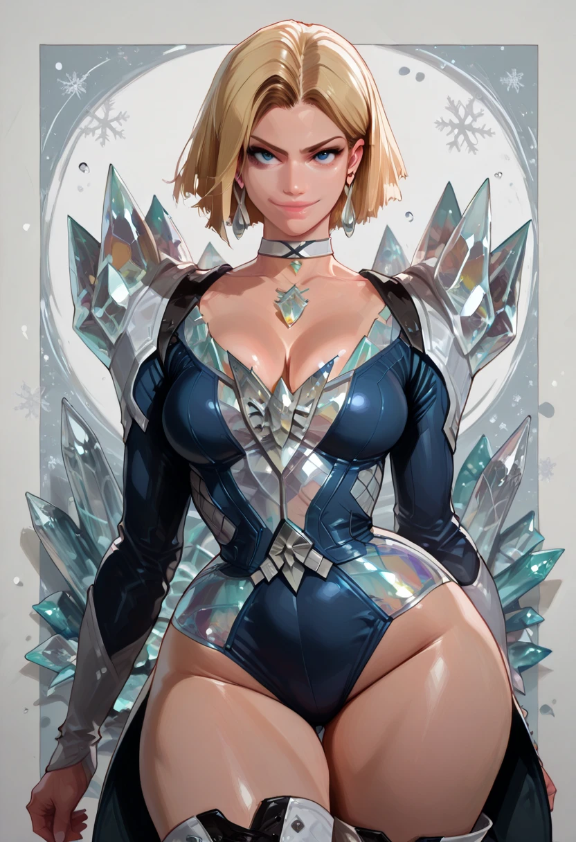 closeup photograph, (best qualityer,highres,master part:1.2),ultra detali,realisitic:1.37,sexy girl with superpowers, stunning blue eyes, long icy blonde hair, fierce expression, icy breath, Ice patterns on the skin, hypermuscle, Breasts huge, sparkling frost aura, Cool blue lighting, dark and mysterious background, intense stare, captivating beauty, icy blue nails, frozen environment, powerful and confident posture, Super hero, frozen fragments floating in the air, dynamic movement, Icy makeup, cold and cold atmosphere, Seductive charm, dangerous and seductive, Icy powers, icy touch, The embodiment of winter, Cold hug, enchanting presence.street at night, fotorrealisitic, cinematic lighting