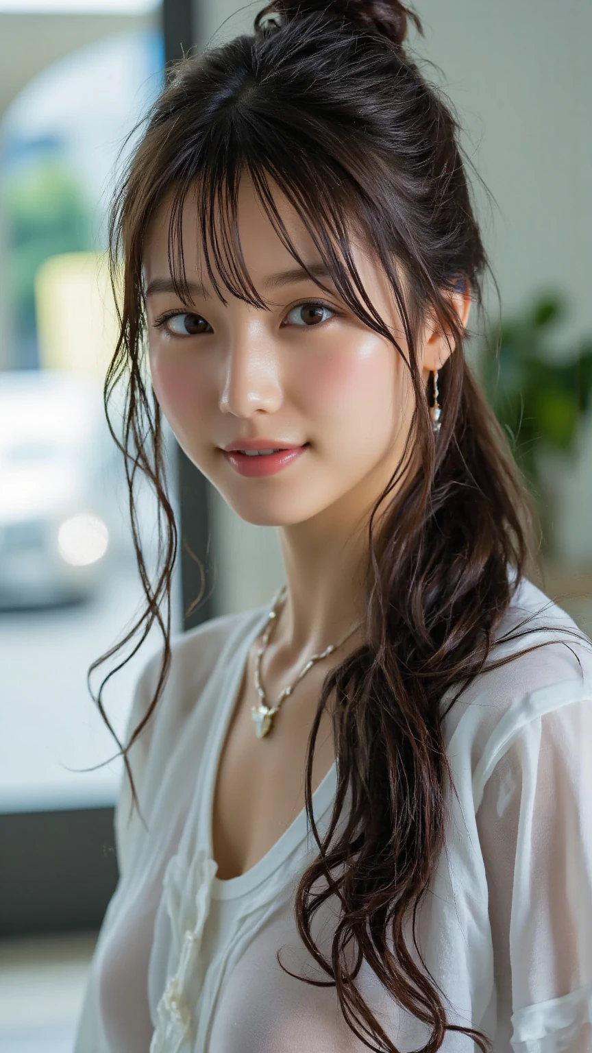((((Detailed explanation)))),(((masterpiece、Highest quality、Very detailed:1.42、Focus on the eyes)))、Female in her late teens、Portraiture、Blurred cityscape at dusk、Silhouette of buildings and street lamps、Medium length dark brown hair、natural wavy curls、The wind is blowing softly、Some hair falls to the side of the face、Skin is smooth、Healthy olive color、The tan lines are faintly visible、Natural redness on the cheeks、I have a few small laugh lines on my forehead、Eyes with dark brown irises、The pupil is shining, Reflects light、Long curled eyelashes、Highlights the eyes、Eyebrows are thin and trimmed、Natural Arch、Small nose、straight、straight nose、lips are plump、soft pink lip gloss、Ultra-thin camisole、Barefoot and barefoot、A simple silver bracelet on her right wrist、A small diamond earring sparkles in her left ear..、The expression is calm、have confidence、smile、(((Emphasize the contrast between light and shadow)))、Realistic textures and facial details