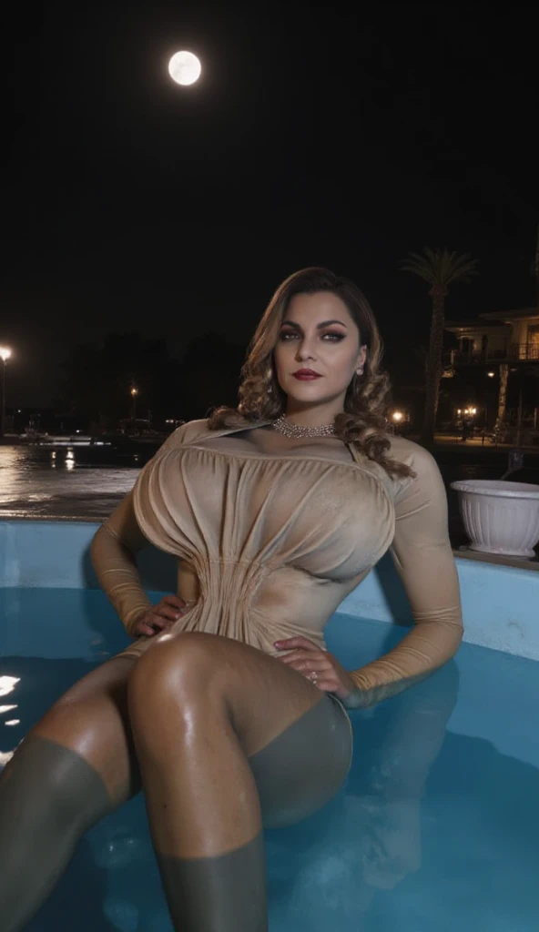 Fat woman, 40 years old Caucasian woman, big hips, trick thighs, cleavage, fancy dressed for a ,dress, necklace, earrings, outside, night time, raining, body soaked wet, wet clothes, wet hair, MILF, blonde hair, elegant hair, straight long blonde hair, make-up, soft lipstick, serious, chubby, bbw