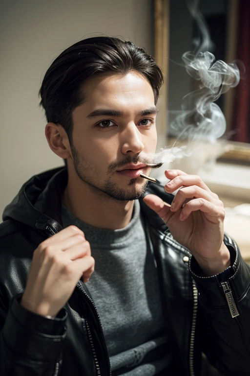 handosome male, holding cigarette, alone, chill expression, metal hand sign