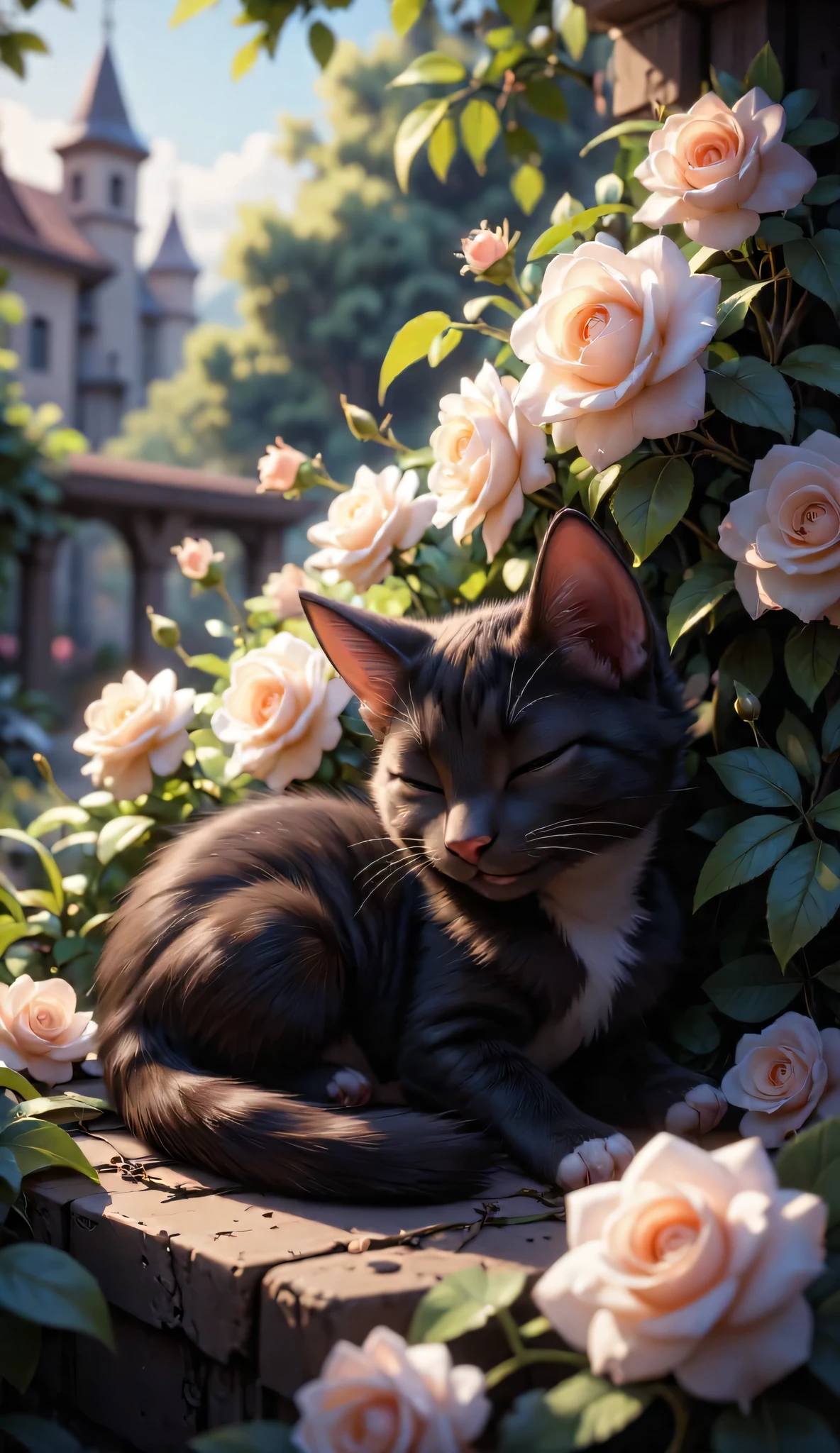3D character, cute black kitten, sleeping peacefully beside a bush of white roses, Inside a rose garden, masterpiece, Background Blur, Shut your eyes.