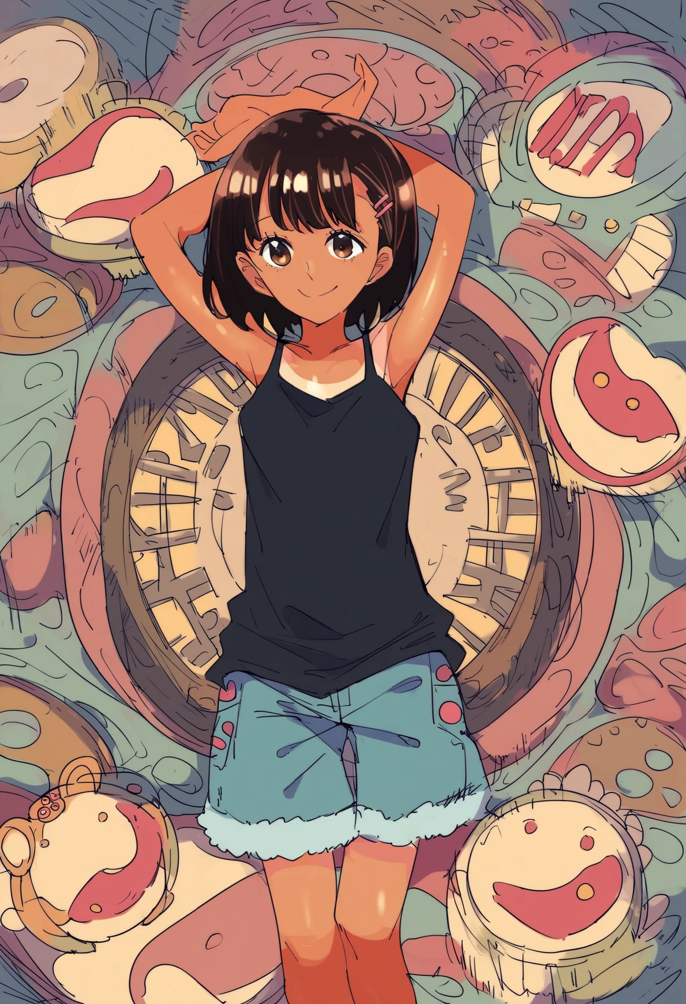 score_9, score_8_up, score_7_up,
girl, One Piece Tan, small breasts, black camisole, brown eyes, smile, viewers without a clock, standing, indoor, cross your arms above your head, shorts, brown hair, medium hair lying down, hair clip,