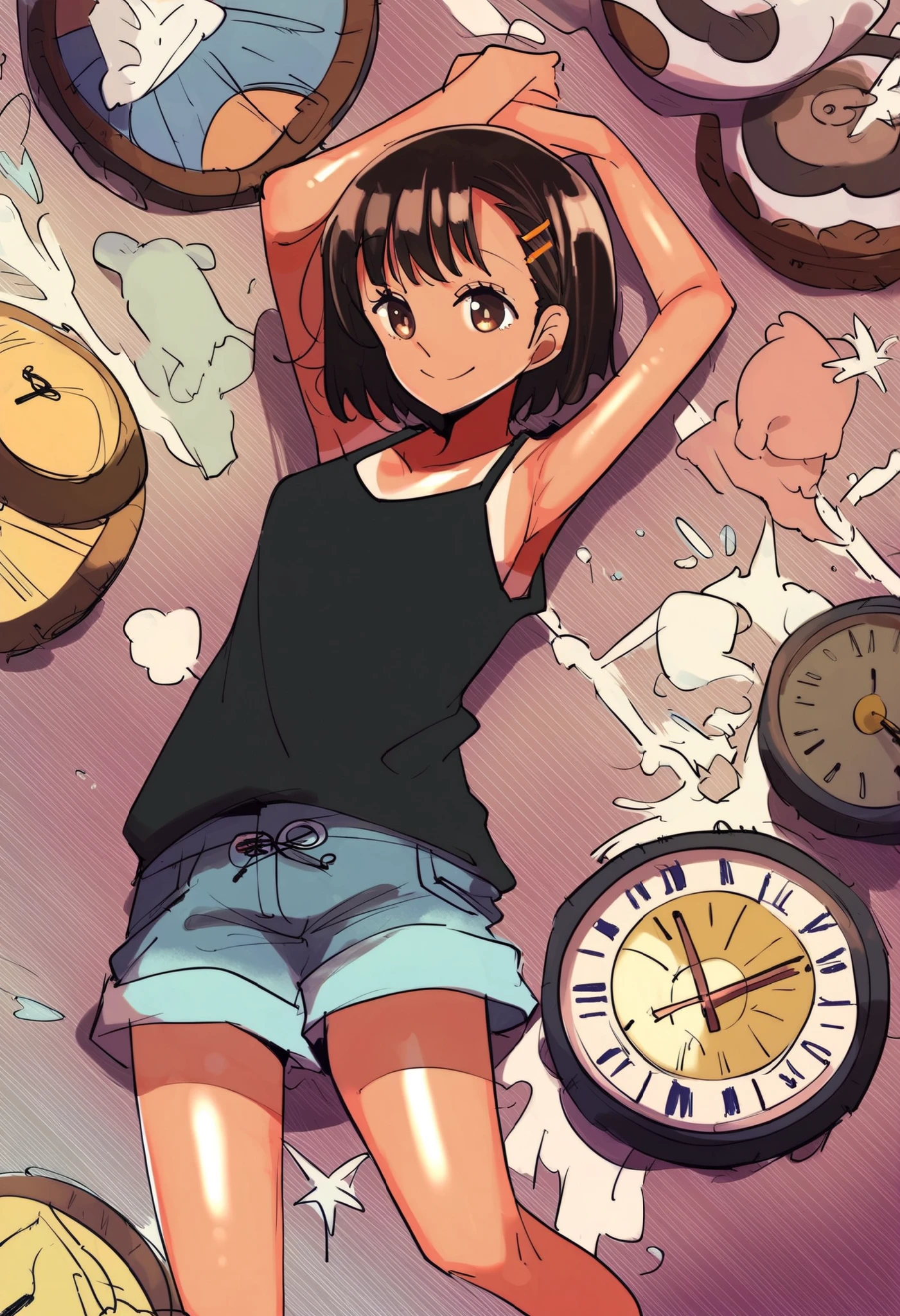 score_9, score_8_up, score_7_up,
girl, One Piece Tan, small breasts, black camisole, brown eyes, smile, viewers without a clock, standing, indoor, cross your arms above your head, shorts, brown hair, medium hair lying down, hair clip,