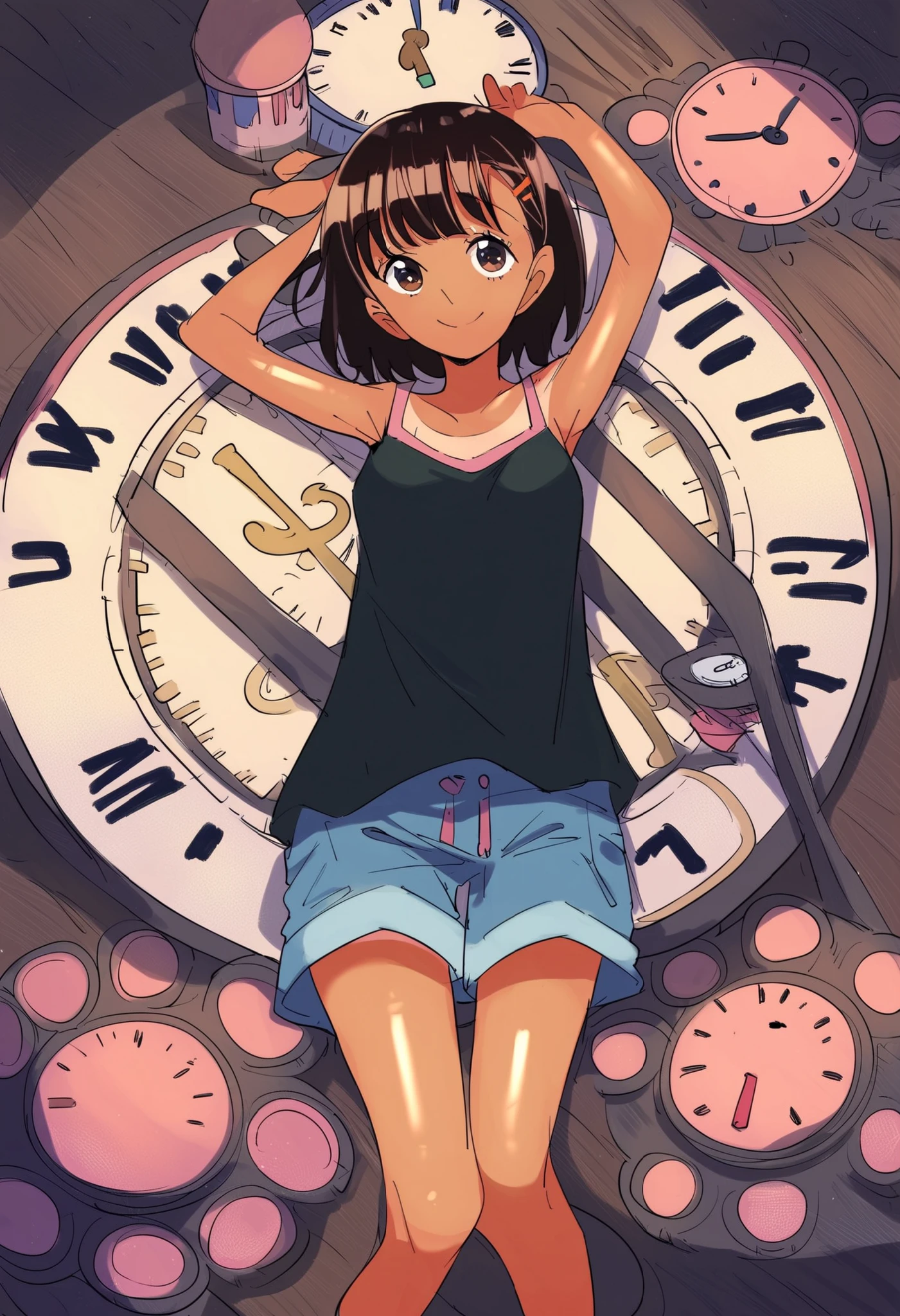 score_9, score_8_up, score_7_up,
girl, One Piece Tan, small breasts, black camisole, brown eyes, smile, viewers without a clock, standing, indoor, cross your arms above your head, shorts, brown hair, medium hair lying down, hair clip,