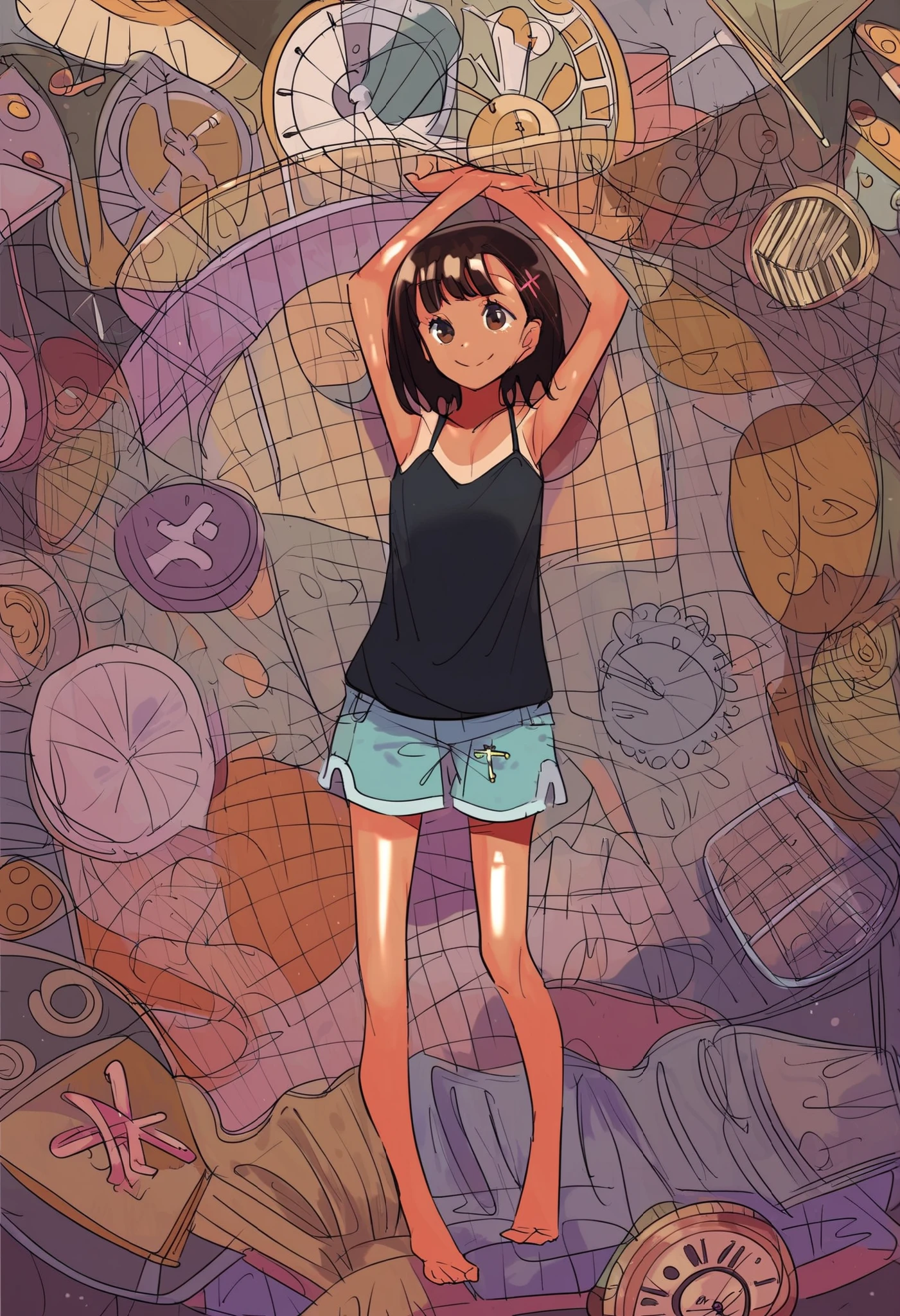 score_9, score_8_up, score_7_up,
girl, One Piece Tan, small breasts, black camisole, brown eyes, smile, viewers without a clock, standing, indoor, cross your arms above your head, shorts, brown hair, medium hair lying down, hair clip,