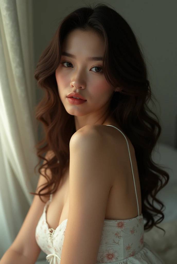 create a  girl,left side view,girl looking at the camera,bra,big boobs,ultra realistic,wearing a Lace Splicing Cami Pajama