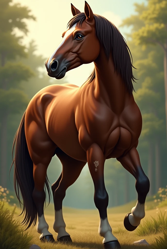 stallion color black horse feral((perfect anatomy)),big butt,two balls and sheath between the legs((perfect precision)),beautiful butt((perfect quality)),male,on mid of forest,long black hair((perfect quality)),green eyes((perfect quality)),anime art ((best quality)), 4k
