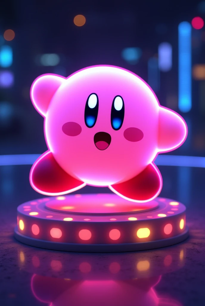 photorealistic image of a Very realistic neon colored holographic statue of a Kirby, nintendo character, Centrally located, The picture above, (masterpiece: 1.4), (Ultra high quality 8k), (Very realistic) 
