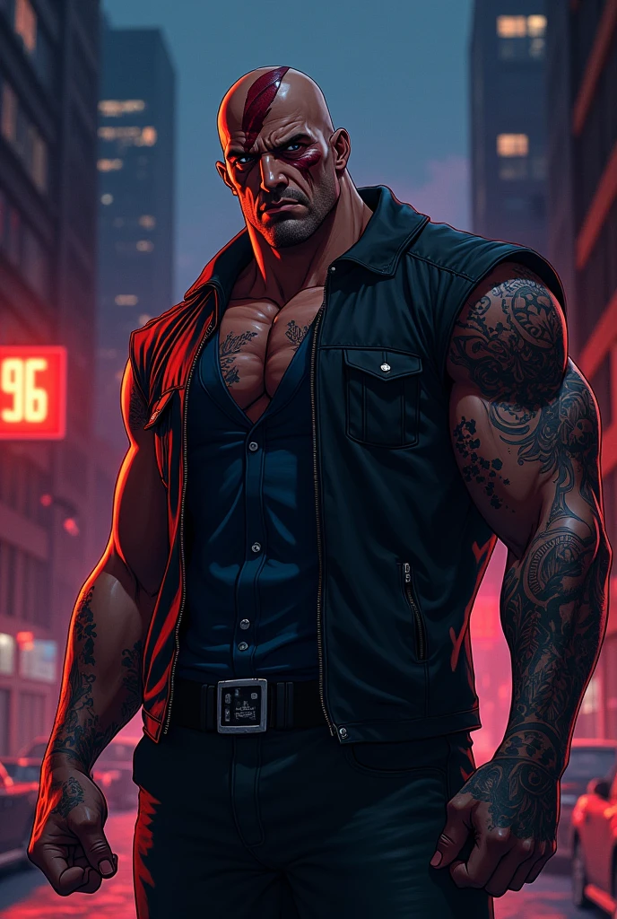 A male gangster character with tattoos, diamond piercings and teeth, in Cartoon


