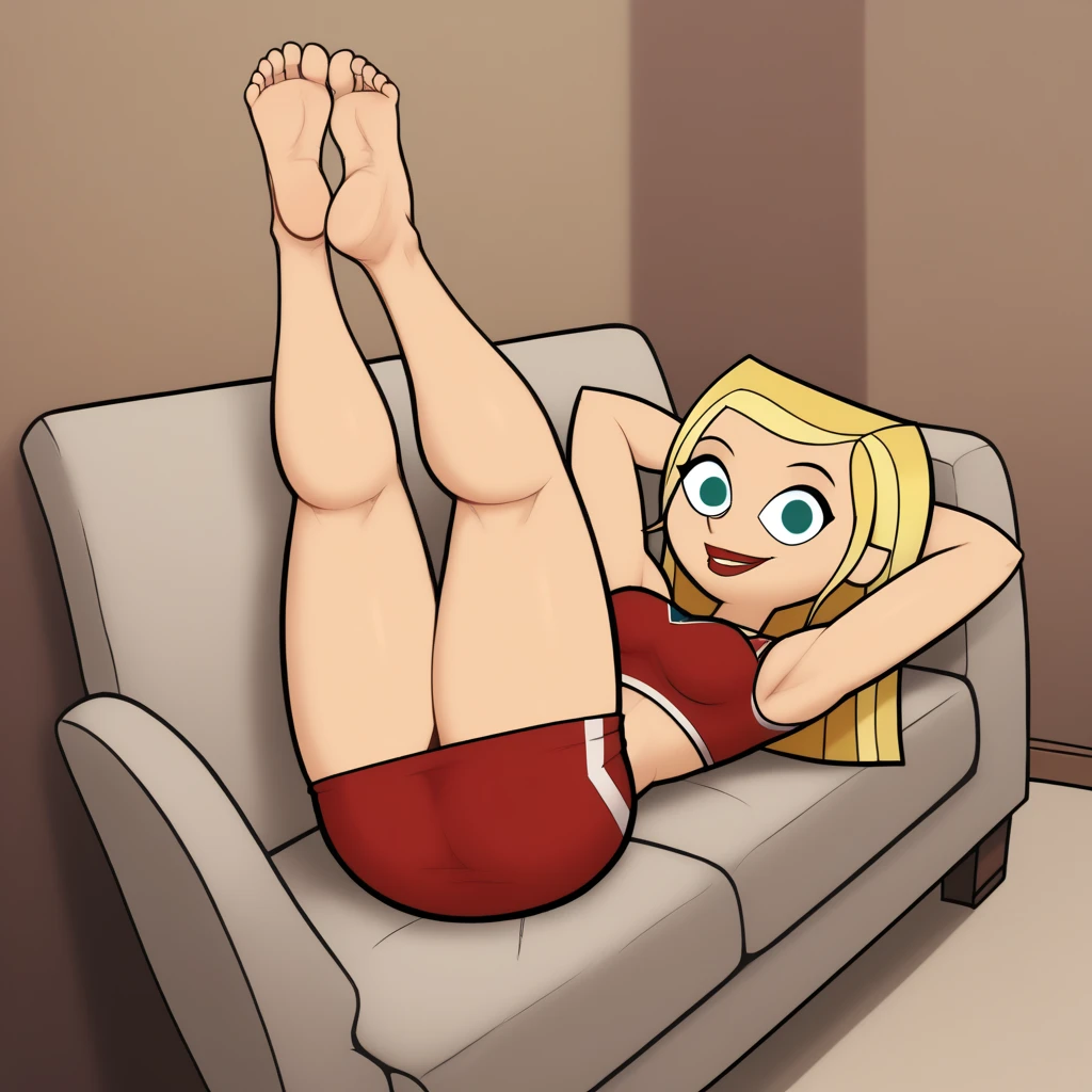 Clover, totally spies, blue eyes, blonde, medium hair, red top, bare shoulders, skinny, half-closed eyes, blowjob, couch, white skirt, laying on stomach, feet up, side view, shota-boy