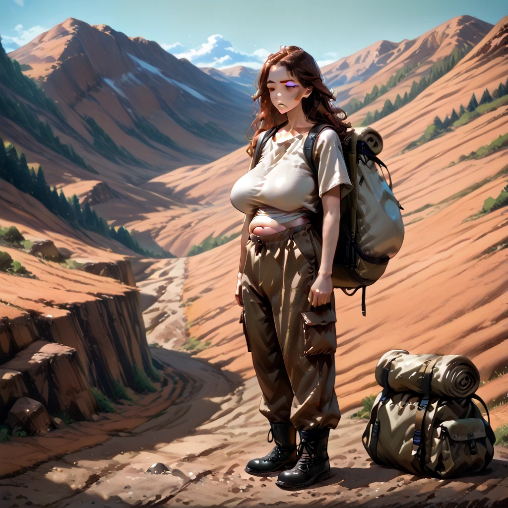 19-year-old lithe American woman, tired, out-of-breath, curly dark auburn hair, plain tee shirt, cargo pants, hiking boots, (long hair), (oversized saggy breasts), back country hiking in the mountains, skinny legs, belly peek, (huge long brests) (oversized baggy shirt), (solo, 1girl)