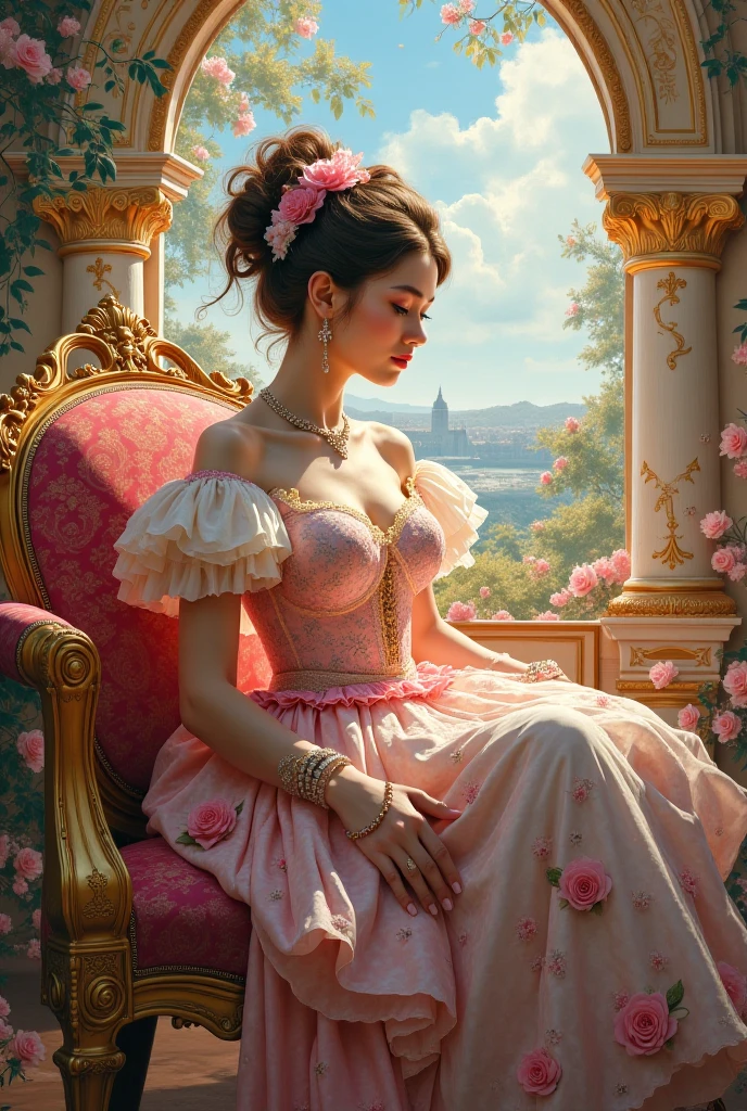 A large-breasted Roman princess in a translucent tunic lies on her bed of ancient Rome 