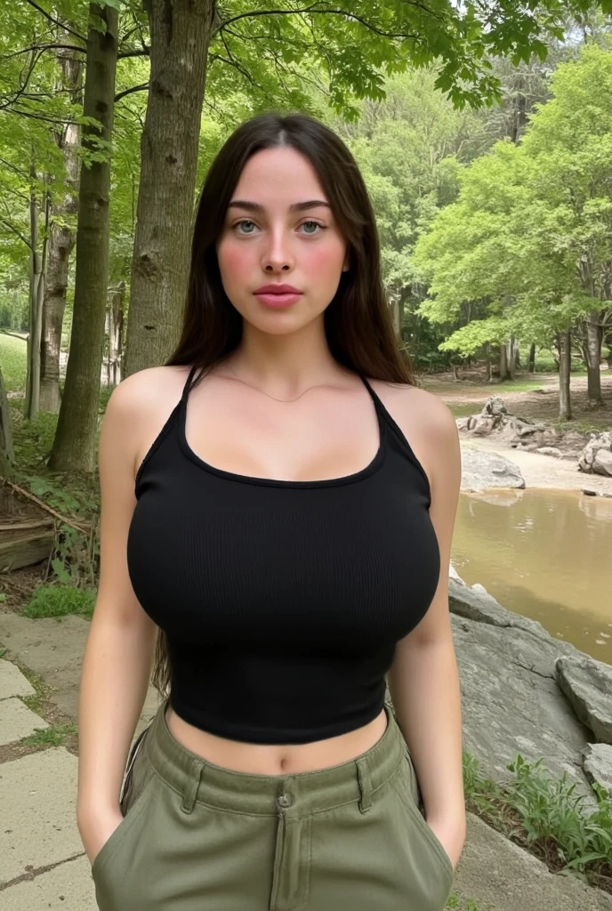 Selfie, Ultrarealistic, pretty face, pale skin, black hair, cleavage, wearing a green top, (selfy with front camera), upper body, in a park, wearing sunglasses