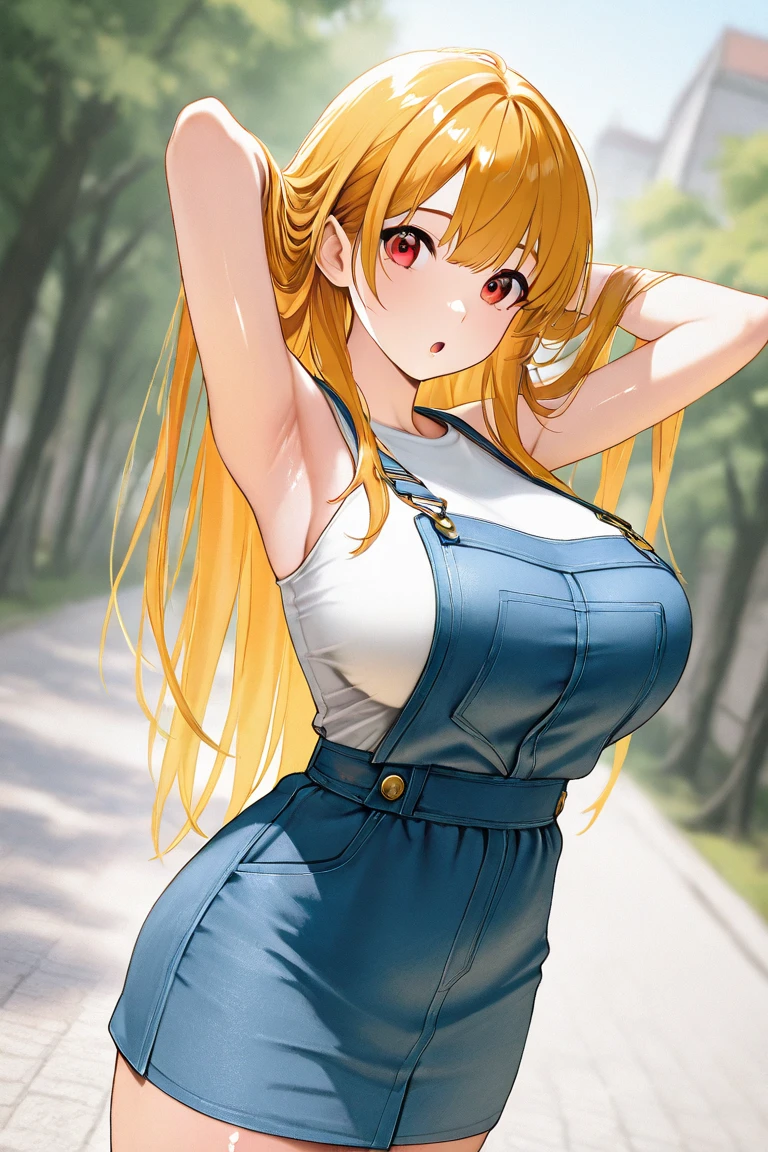 (((highest quality、8k、masterpiece:1.5)))、(Slanted Eyes、Red Eyes、Blonde、Twin tails、(Big Breasts:1.2)、Denim overalls naked、13 years old))、((Perfect Anatomy))、whole body、smile、Facing forward、looking at the camera、grassland