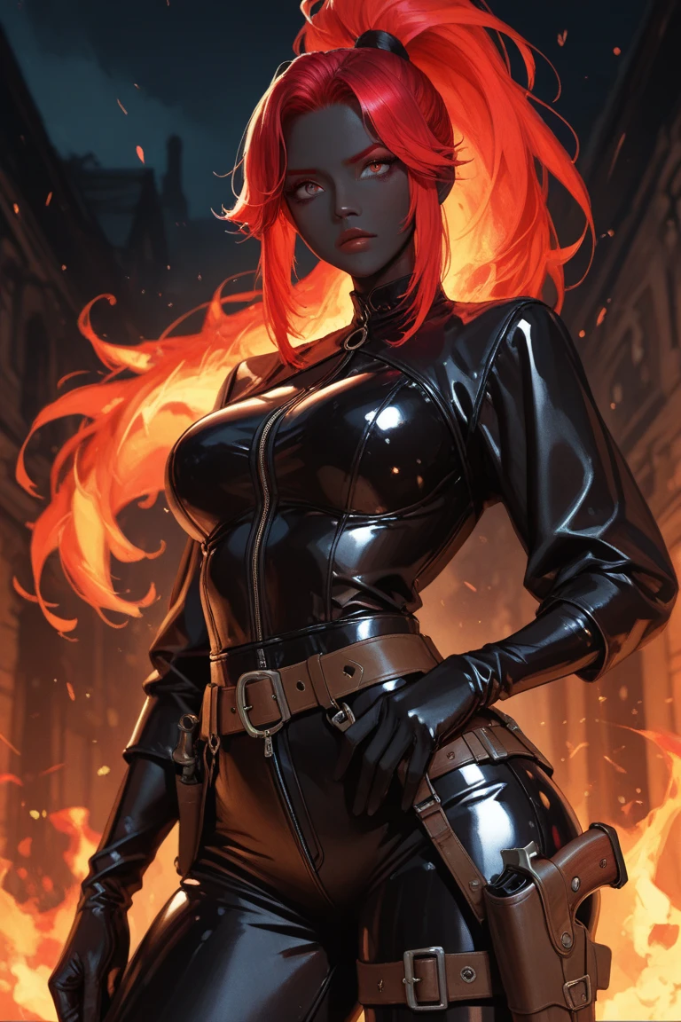 Calypso, a giant 70 meter sorceress, emerges from an erupting volcano, his obsidian skin shining with the reflection of magma. Her long red hair falls in cascades over her shoulders.. Naked and powerful, stands on the top of the mountain, His posture is majestic and seductive, with one leg forward and one hand on his hip. His eyes, full of fire and desire, They look at the tiny humans at their feet. With a fierce smile, slowly sits over a village, destroying houses and streets under his burning ass. Her sculptural body radiates an aura of volcanic eroticism., enveloping everyone in a spell of desire and submission.