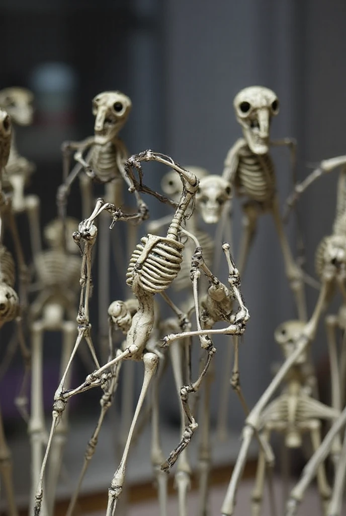 Create an image of a large horse skeleton.
The horse's head uses a human head, and the head has horns curving out from the left and right forehead and breaking slightly backwards.
For the horse's neck, take the human torso, with the upper part having human arms.
The body should be the usual horse body.
The image should be of a skeleton.
It should be about 3 meters tall and there should be a total of 3 in the picture.
They should be standing amidst a backdrop of European-style buildings with classical architecture. The scene should be set in a dimly lit and eerie environment to emphasize their creepy appearance.