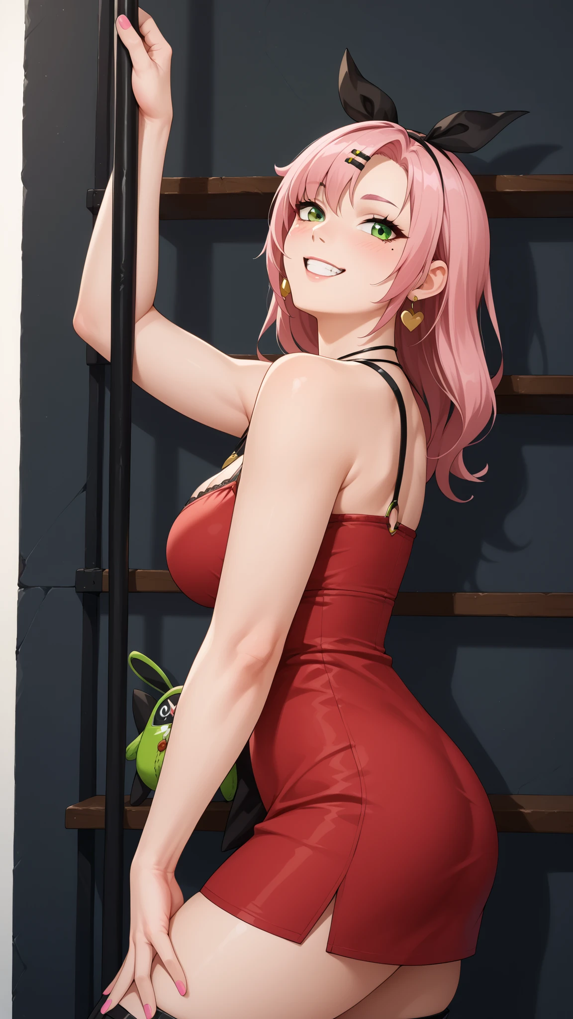 Girls smile, fair skin, long hair, big , big breats, big ass, big butt, sexy body, sexy girls, thic body, beautiful girls, dress, red dress colors, nails colors, pink nails colors, in room, indoor, sexy pose, ultra realistic graphic, gaze looking at the camera, looking at the camera, Nicole Demara, Nicole begins, (Green Eyes:1.5), Pink Hair, hair ornaments, hair ribbon, Hair Clip, Long Hair, mole, mole under eye, Both sides up, ribbon, Grin, 笑face, Open your mouth,
BREAK black footwear, black ribbon, black Shorts, black socks, black Knee socks, boots, Cleavage, Earrings, jewelry, Knee-high, Manicure, necklace, O-ring, Thigh straps, Knee socks, Both sides up,
BREAK looking at viewer, (Cowboy Shot:1.5),
BREAK (masterpiece:1.2), Highest quality, High resolution, unity 8k wallpaper, (figure:0.8), low length, Primary school students, face, Young girl body, NULL目, score_9, score_8_up, NicoleNSFW, green eyes, pink hair, long hair, two side up, Big breasts, mole under eye, hairclip, thick legs, sexy legs, wide hips, smile, horny face, seductive face, blushing