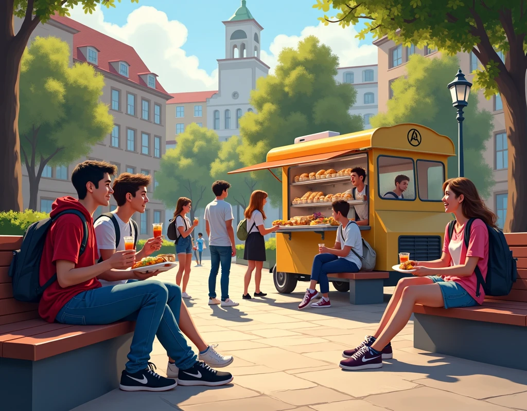Student Eating Visual University area with students sitting eating cheap snacks outside a ...