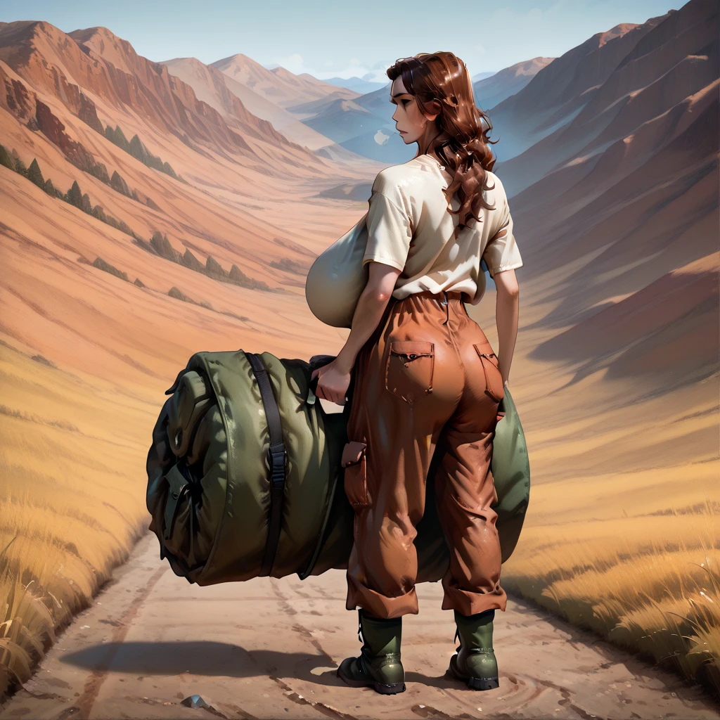 19-year-old lithe American woman, tired, out-of-breath, curly dark auburn hair, plain tee shirt, cargo pants, hiking boots, (long hair), (massive oversized saggy breasts), back country hiking in the mountains, skinny legs, (huge long brests) (solo, 1girl)